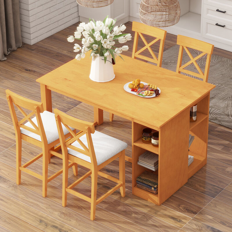 Merax Solid Wood Farmhouse Counter Height Dining Table Set with 3-Tier Storage Shelves