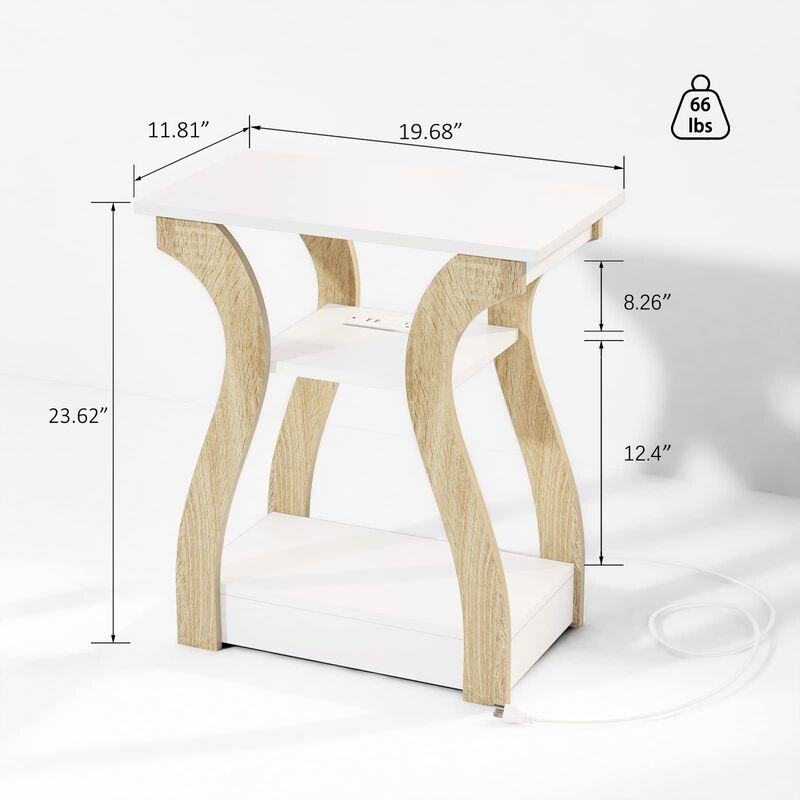 FROMJBEST End Table with Charging Station, Side Table with USB Ports and Outlets, Nightstand, 3 Tier End Table with Storage Shel