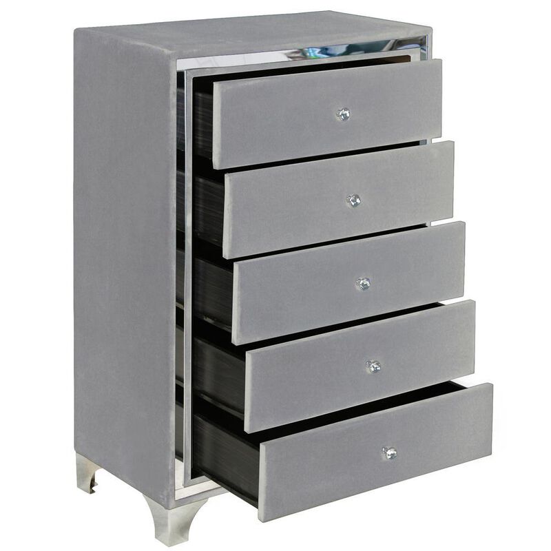 Better Home Products Monica Velvet Upholstered 5 Drawer Chest Dresser in Gray