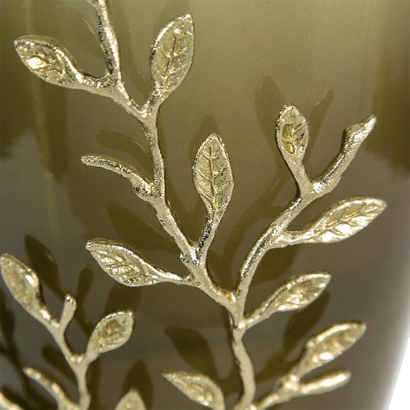 HomeRoots 15" Dark Olive Green And Gold Branch Patterned Glass And Aluminum Table Vase image number 4