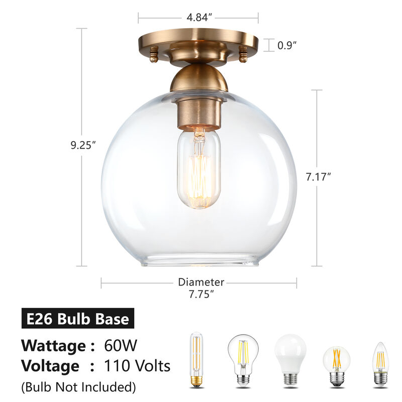 9 "Modern Vintage 1-Light Antique Brass Dimmable Semi Flush Mount Ceiling Light image number 2