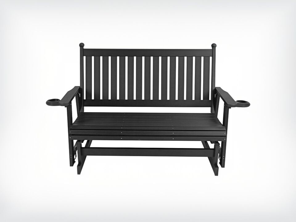 HIPS Patio Glider with Cup Holders, All-Weather Resistant, High Backrest and Deep Contoured Seat, Heavy Duty 900 LB (3-Seat,Black)