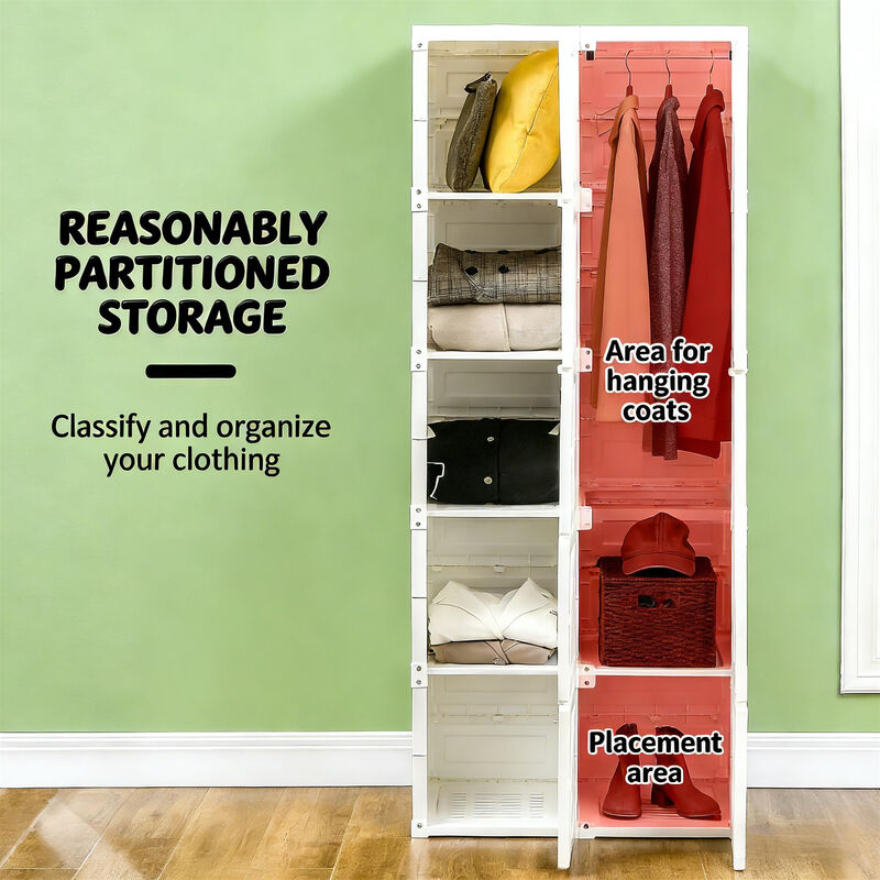 Portable Folding Wardrobe Storage Cabinet - 6 Compartments White Clothes Organizer for Entryway image number 4