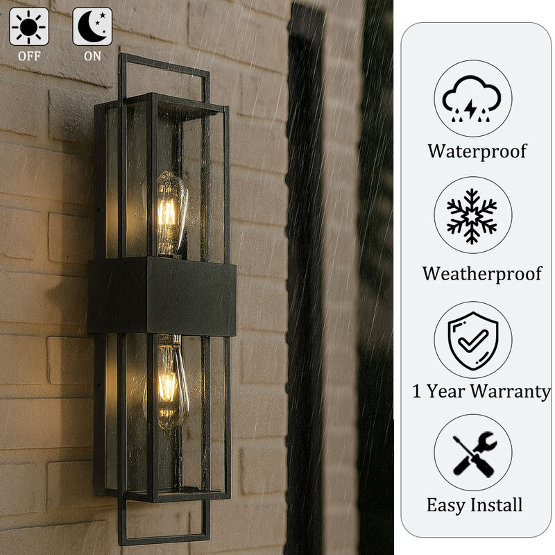 Modern Outdoor Wall Light with Dusk to Dawn Sensor H26'' Black Exterior Wall Lantern with Seeded Glass 2-Light Waterproof image number 7