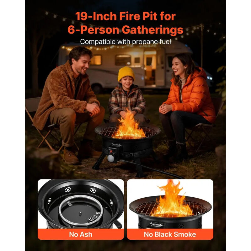 Portable Gas Fire Pit 53,000 BTU with Adjustable Flame, Lava Rocks & Grill Grate-Black image number 5