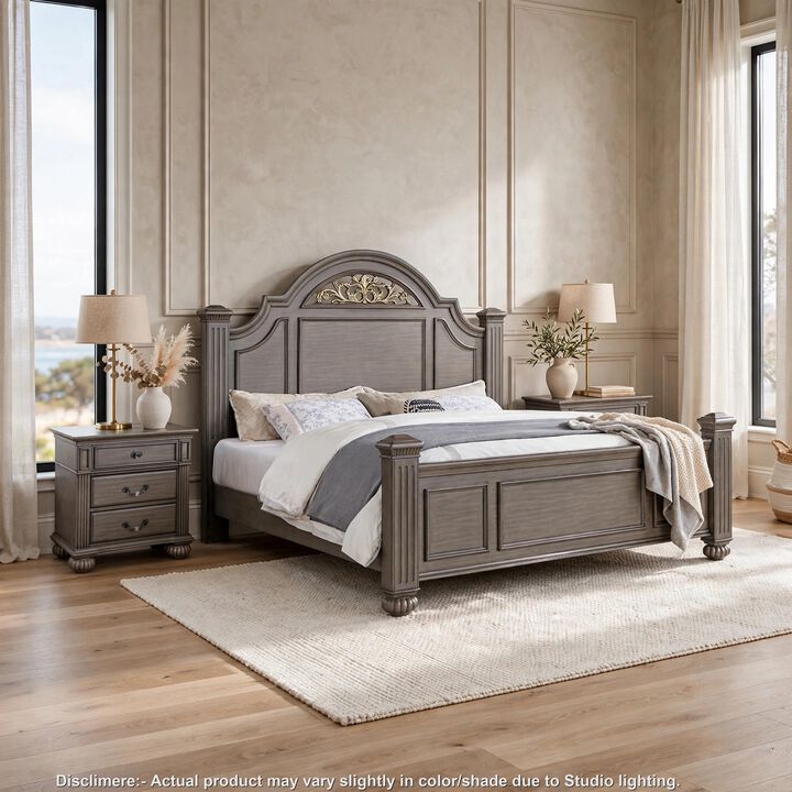 3pc King Bedroom Set, Gray, Brass, Clear Wood, 2 Nightstands