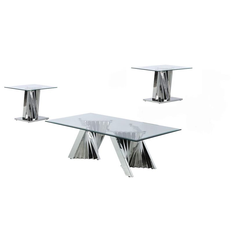 Best Quality Furniture Glass Coffee Table Sets: Coffee Table and 2 End Tables with Stainless Steel Base
