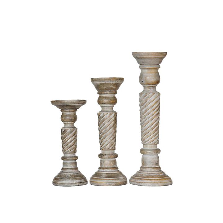 BBH HomesTraditional Gray Wash Eco-friendly Handmade Mango Wood Set Of Three 9",12" & 15" Pillar Candle Holder