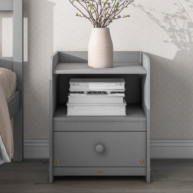 Nightstand, Bedside Table with Open Storage Cabinet, Drawer, Grey