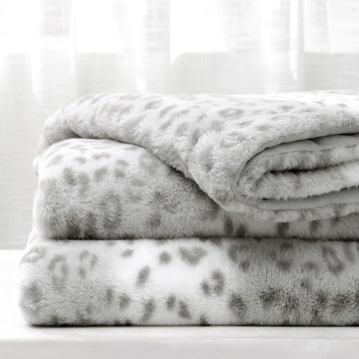 Printed Faux Rabbit Fur Throw, Lightweight Plush Cozy Soft Blanket, 60" x 70", Grey Leopard