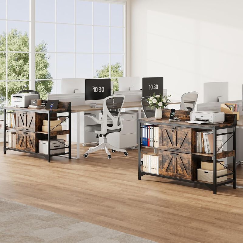 44"W File Cabinet, Lateral Filing Cabinet with 4 Shelves and 2 Drawers, Office Storage Cabinet with Lock & Charging Station, Wooden Printer Stand image number 9