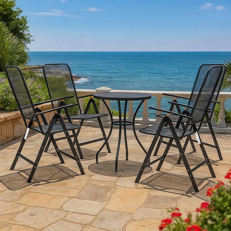 Troy 5pc Outdoor Foldable Dining Chair and Table Set, Mesh Gray Metal - Benzara