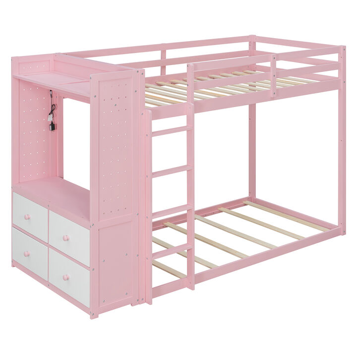 Merax Bunk Bed with Built-in Wardrobe, LED Light, 4 Storage Drawers & Dual Pegboards