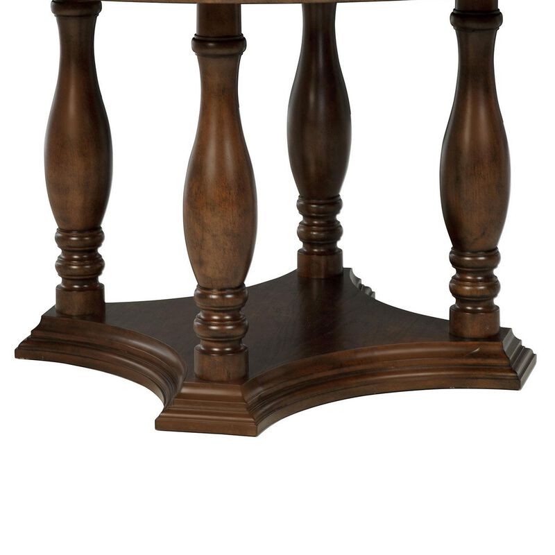 Monta Round Dining Table, Turned Legs and Shelf, Brown Wood 60 Inch - Benzara