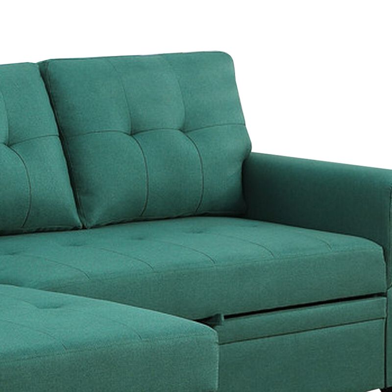 Elliot 84 Inch Sleeper Sectional Sofa with Storage Chaise, Green Fabric-Benzara