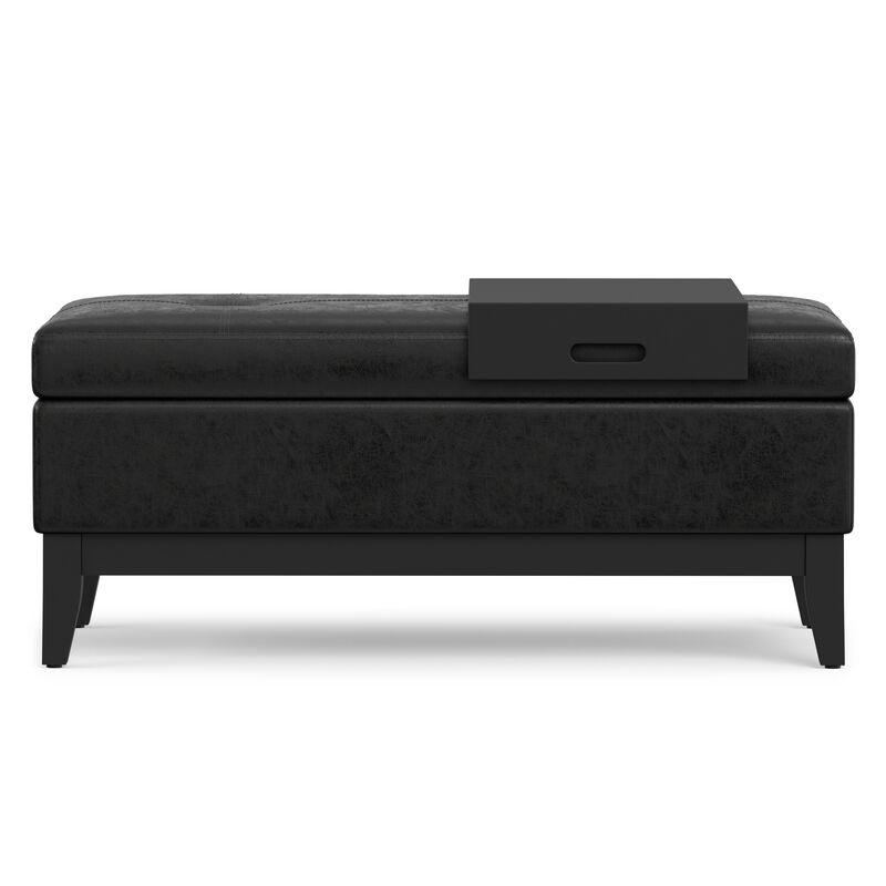 Oregon 42 inch Wide Transitional Rectangle Storage Ottoman Bench with Tray in Distressed Black Vegan Faux Leather, Assembled image number 6