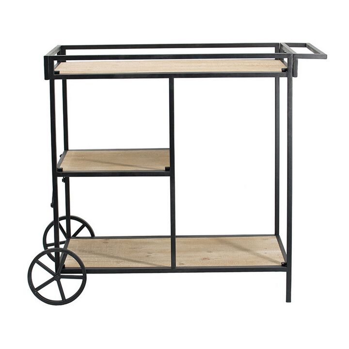 32 Inch Bar Cart, 3 Tiers, Fir Wood Shelves, Iron Frame, Black, Brown-Benzara