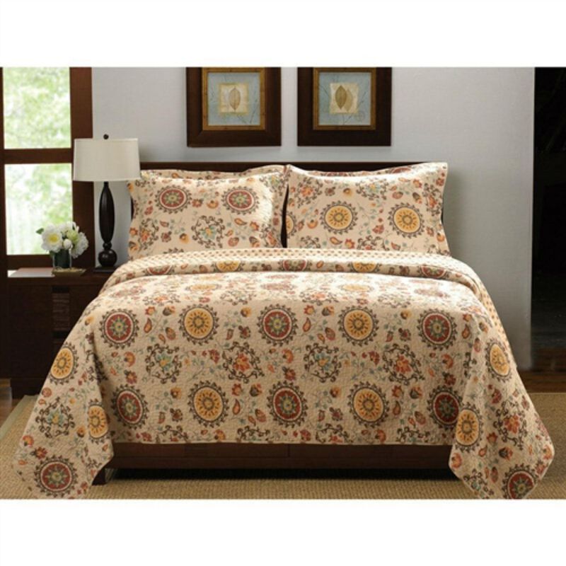 Hivvago King Retro Moon Shaped Floral Medallion Reversible 3 Piece Quilt Set