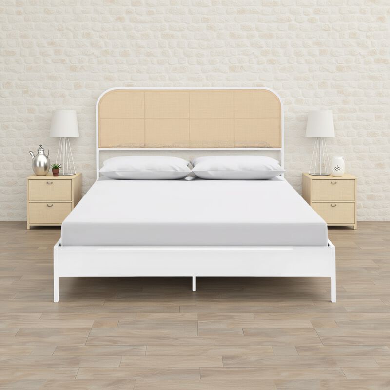 Ammy Queen Bed, Radio Weave Headboard, Brown Faux Rattan, White Metal  - Benzara