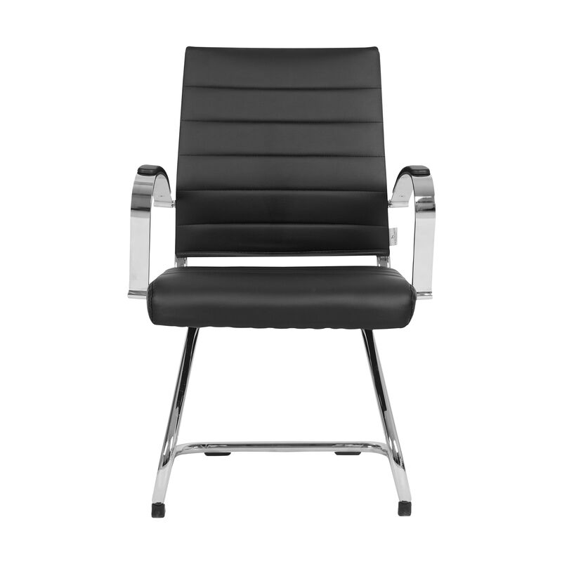 LeisureMod Benmar Guest Office Chair, Ribbed Leather Upholstery with Chrome Arms and Sled Base, Modern Desk Seating for Home or Conference Room