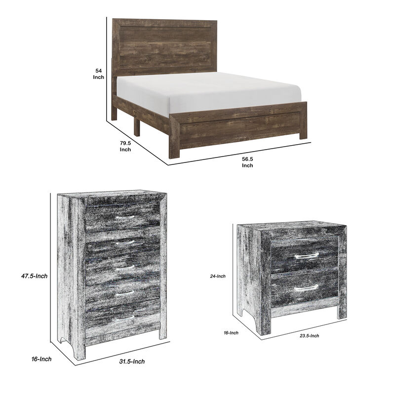 Ko Three Piece Full Size Bedroom Set, Panel Detailings, Black Metal Handles, Rustic Brown
