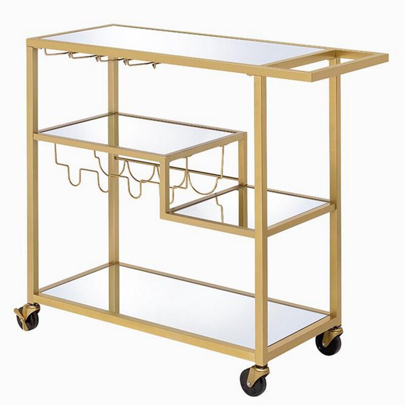 Metal Framed Serving Cart with Wine Bottle Holder and Stemware, Gold and Clear-Benzara