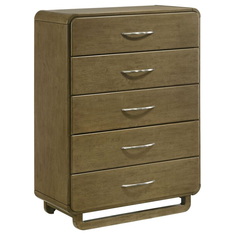 Deon Tall Dresser Chest, 5 Drawers w Nickel Handles, Nutmeg Brown - Benzara