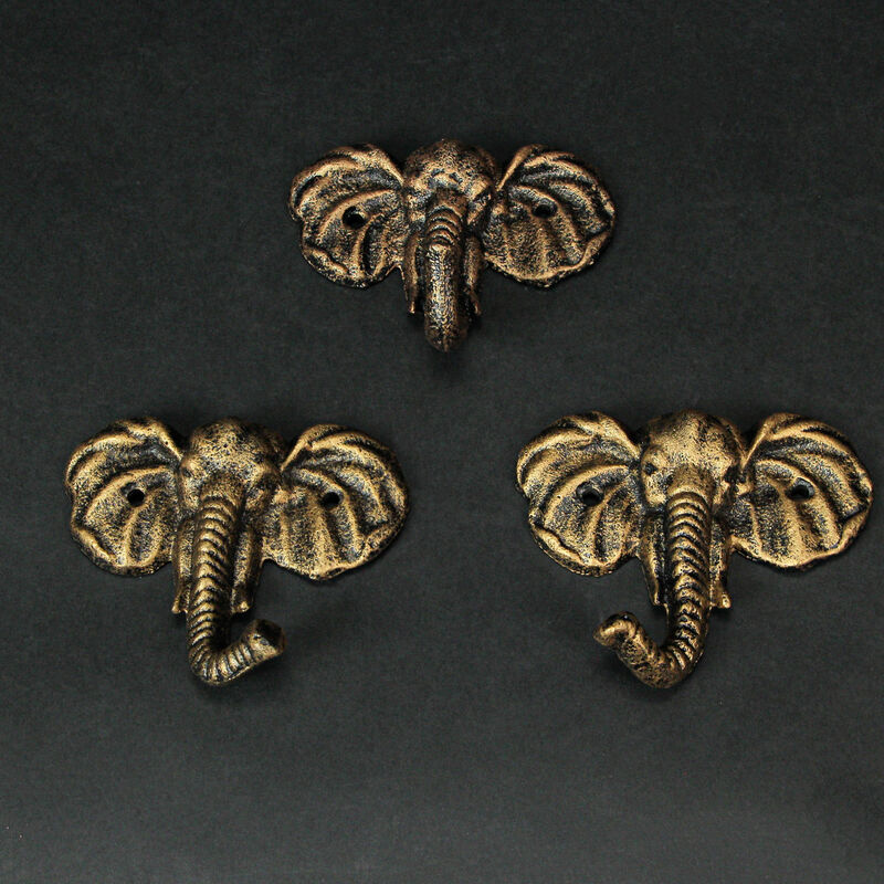 Set of 3 Cast Iron Elephant Antique Gold Wall Hooks - Stylish, Durable, and Functional Decorative Hooks for Organizing Hats, Towels, Coats, Keys, or Pet Leashes image number 5