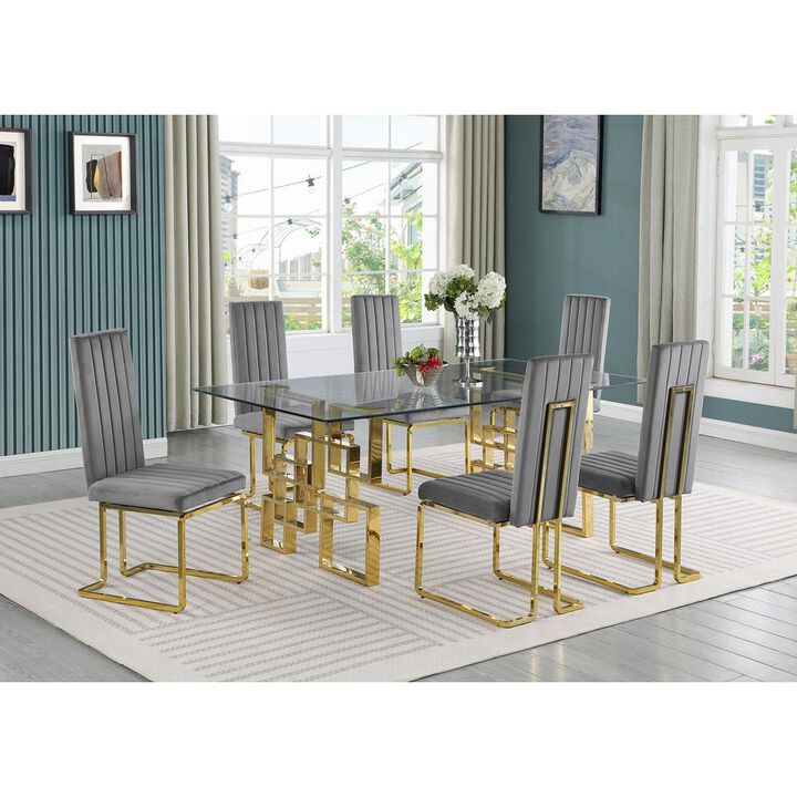 7-piece glam dining set with 6 dark grey chairs and one 79" glass  table