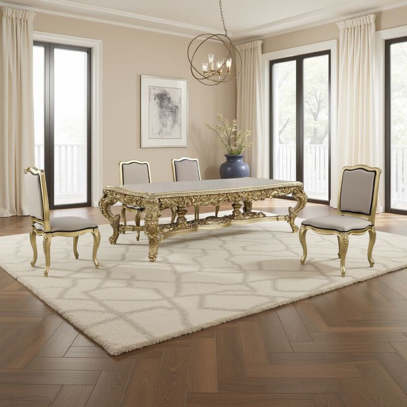 Rexx Dining Table, Classic Carved Gold Wood, 111 Inch Rectangular Top - Benzara