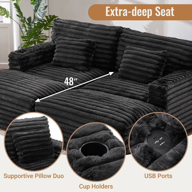 Merax Oversized Chaise Sofa  Loveseats with Plush Faux Rabbit Fur, Deep Seating, Built-in USB Charging image number 3
