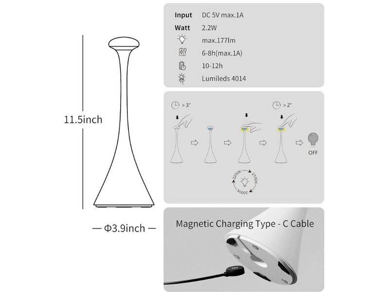 Cordless Rechargeable Table Lamp Touch Dimmable Indoor Outdoor Lamp Black image number 2