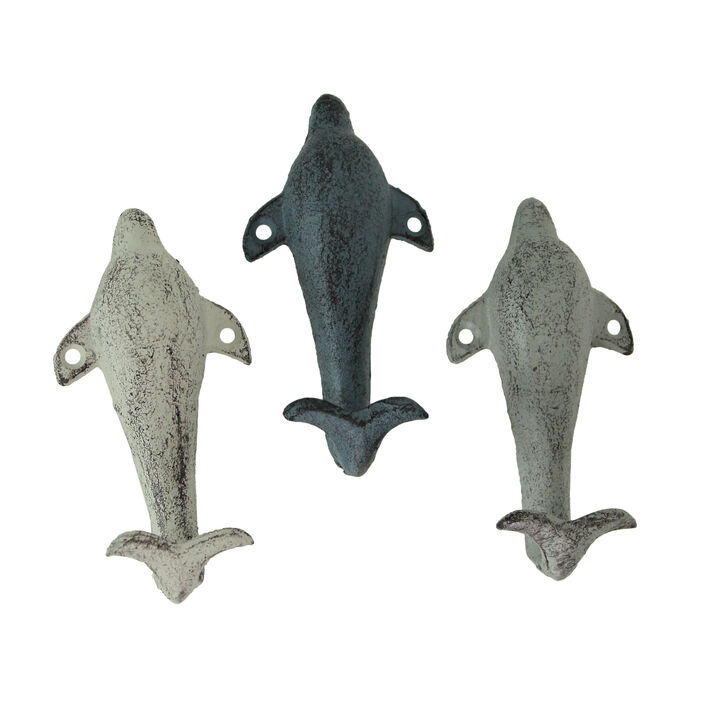 Set of 3 Vibrant Cast Iron Dolphin Shaped Wall Hooks for Coastal Charm and Organization in Your Home - Decorative Colorful Ocean D&eacute;cor Hooks - 5 Inches High