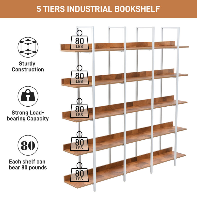 5 Tier Bookcase Home Office Open Bookshelf, Vintage Industrial Style Shelf, MDF Board, White Metal Frame, Brown