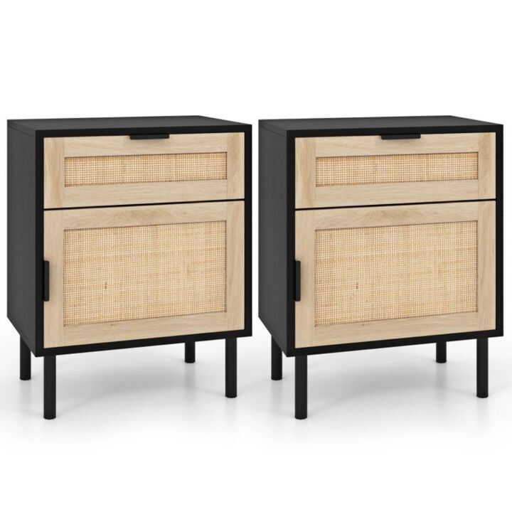 Hivvago Rattan Nightstand Set of 2 with Drawer and Cabinet