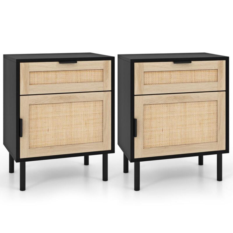 Hivvago Rattan Nightstand Set of 2 with Drawer and Cabinet