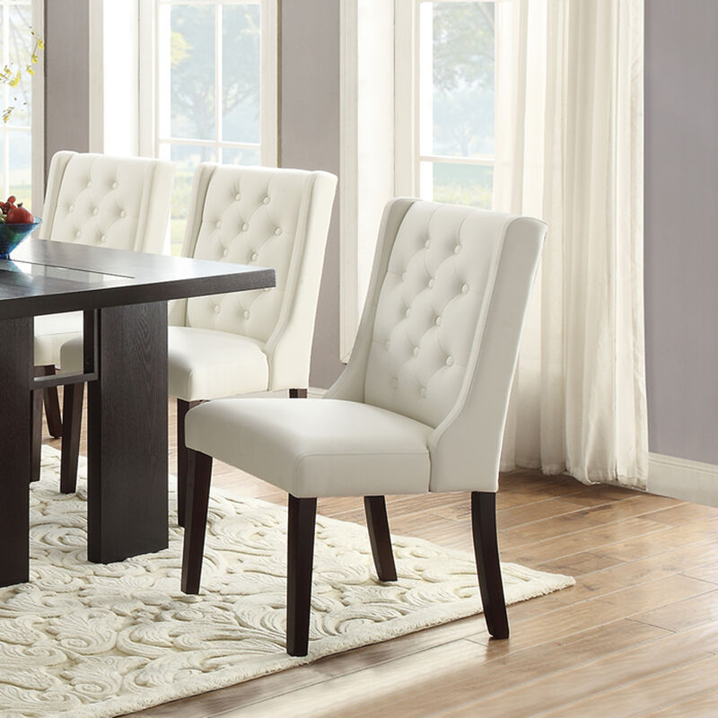 White Faux Leather Dining Chairs With Button Tufted Back, Set Of 2