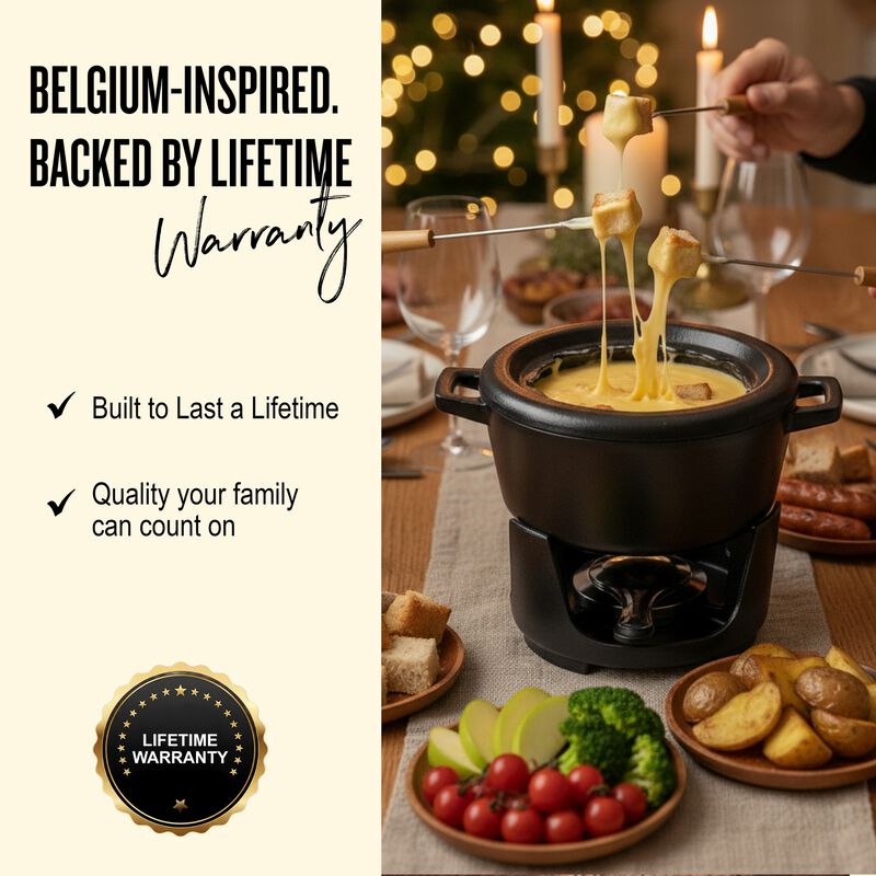 Alva Nori Enameled Cast Iron Fondue Set 2Qt. - Oven Safe and Made without PFAS, PFOA & PTFE - Includes 8 Fondue Forks, Fondue Pot, Adjustable Burner & Stand image number 4