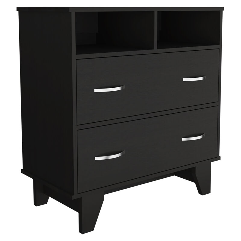DEPOT E-SHOP Stamford Two Drawer Dresser, Four Legs, Two Open Shelves, Superior Top, Black