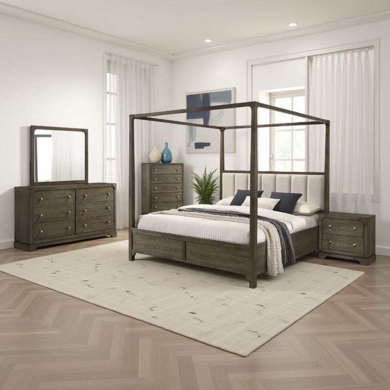 Seon 5pc Queen Bedroom Set, Dark Brown Solid Wood, Canopy Style Bed