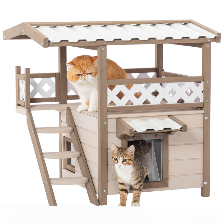 Feral Cat House Outdoor Indoor Kitty Houses with Durable PVC Roof, Escape Door, Curtain and Stair,2 Story Design Perfect for Multi Cats