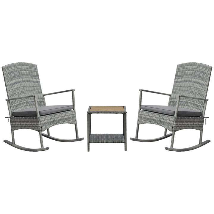 Grey Porch Relaxation: 3-Piece PE Rattan Rocking Chair Set