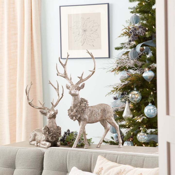 Christmas Deer Figurines (2-Piece Set) – Rustic Holiday Reindeer Decorations for Tabletop and Home Accents