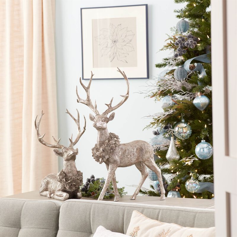 Christmas Deer Figurines (2-Piece Set) – Rustic Holiday Reindeer Decorations for Tabletop and Home Accents