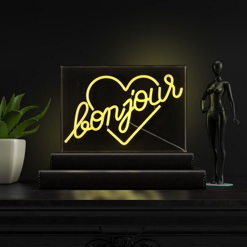 Bonjour Heart 15" X 10.3" Contemporary Glam Acrylic Box USB Operated LED Neon Light, Yellow