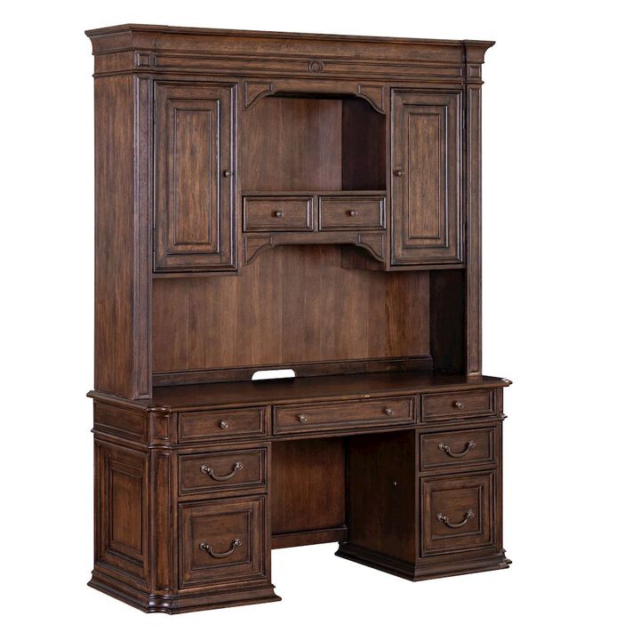 Liberty Furniture 5 Pc Executive Set - Desk, Credenza Desk & Hutch with LED Touch Light, Brown