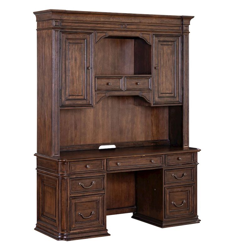 Liberty Furniture 5 Pc Executive Set - Desk, Credenza Desk & Hutch with LED Touch Light, Brown image number 0