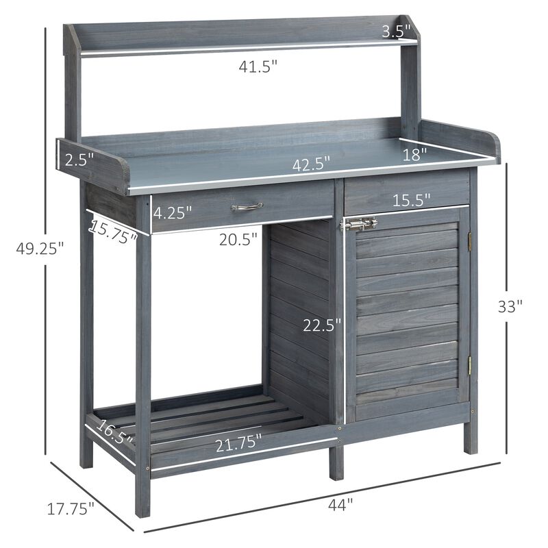 Grey Garden Workstation: Potting Bench with Cabinet and Steel Top