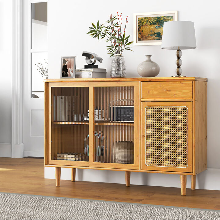 Modern Bamboo Buffet Sideboard Cabinet with Tempered Glass Sliding Doors-Natural