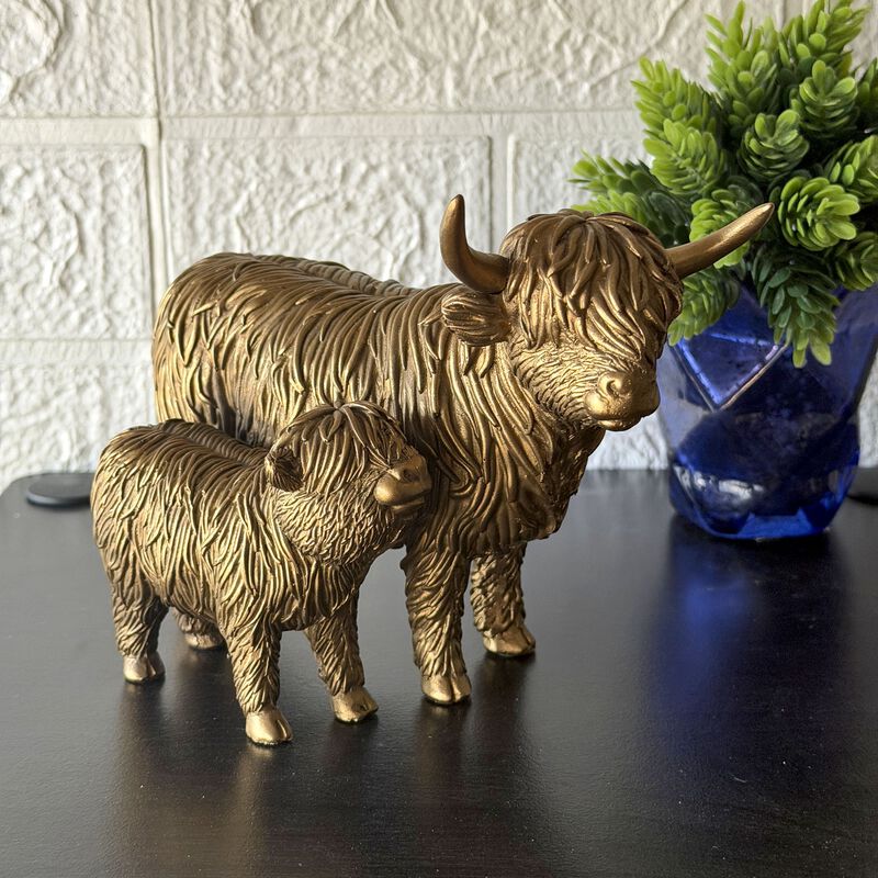 Highland Cow And Calf Statue Antique Bronze Resin Figurine 725 In image number 4
